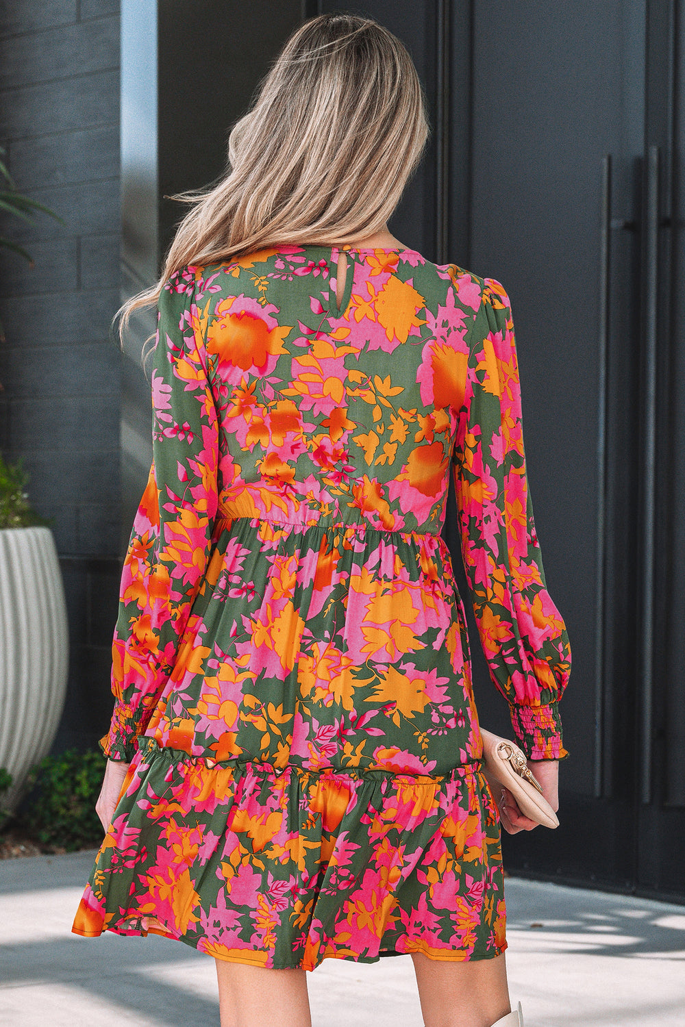 Floral Print Long Sleeve Smocked Ruffled Mini Dress