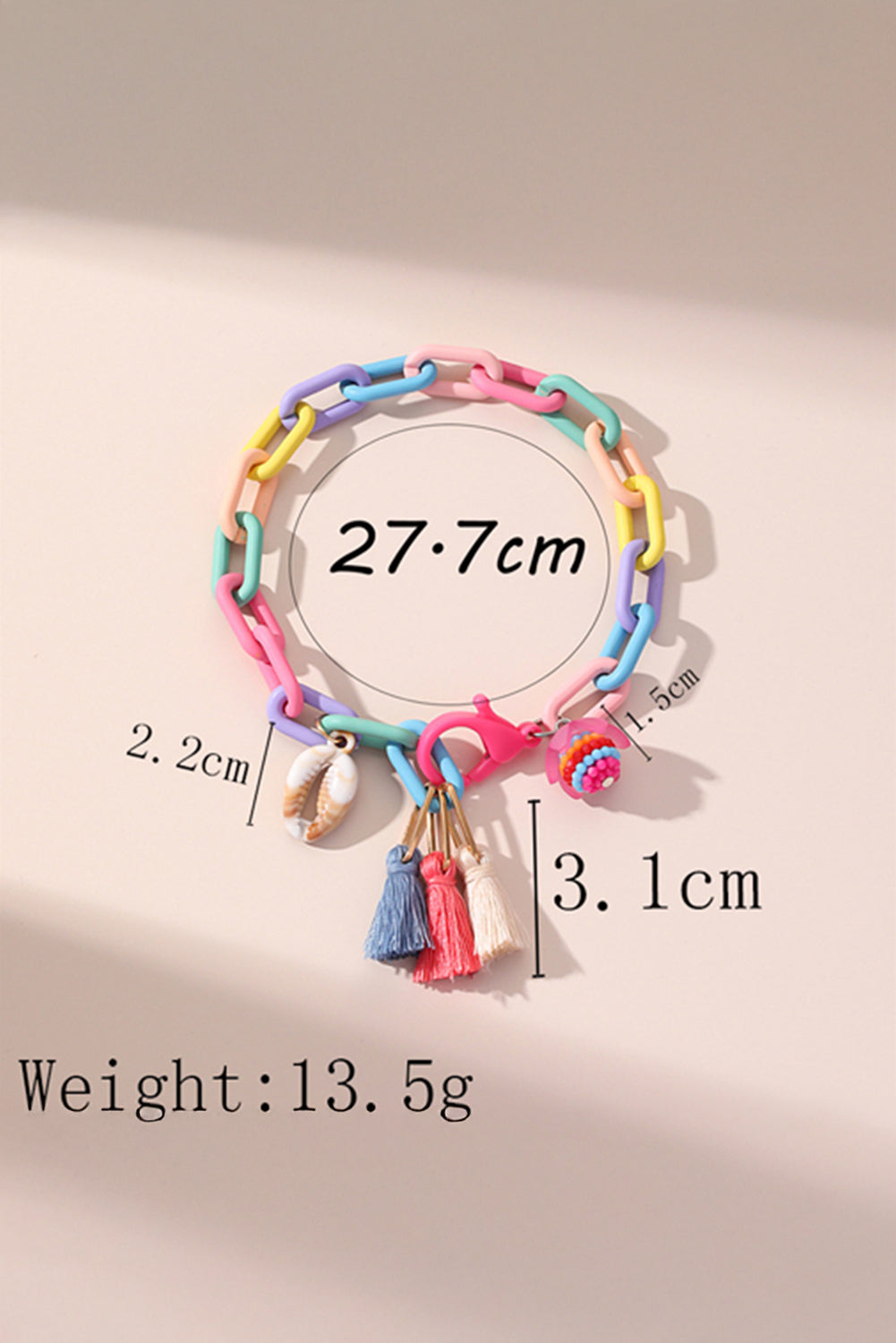 Bracelet de cheville réglable à maillons colorés avec pompon coquillage