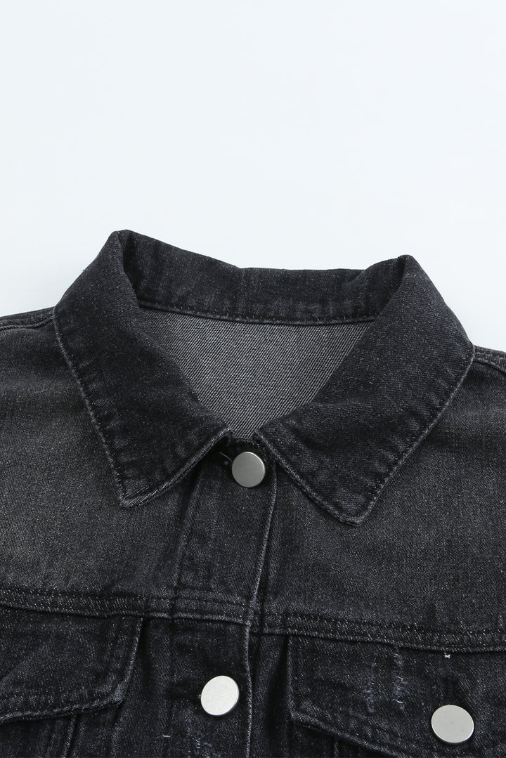 Lapel Distressed Raw Hem Buttons Denim Jacket