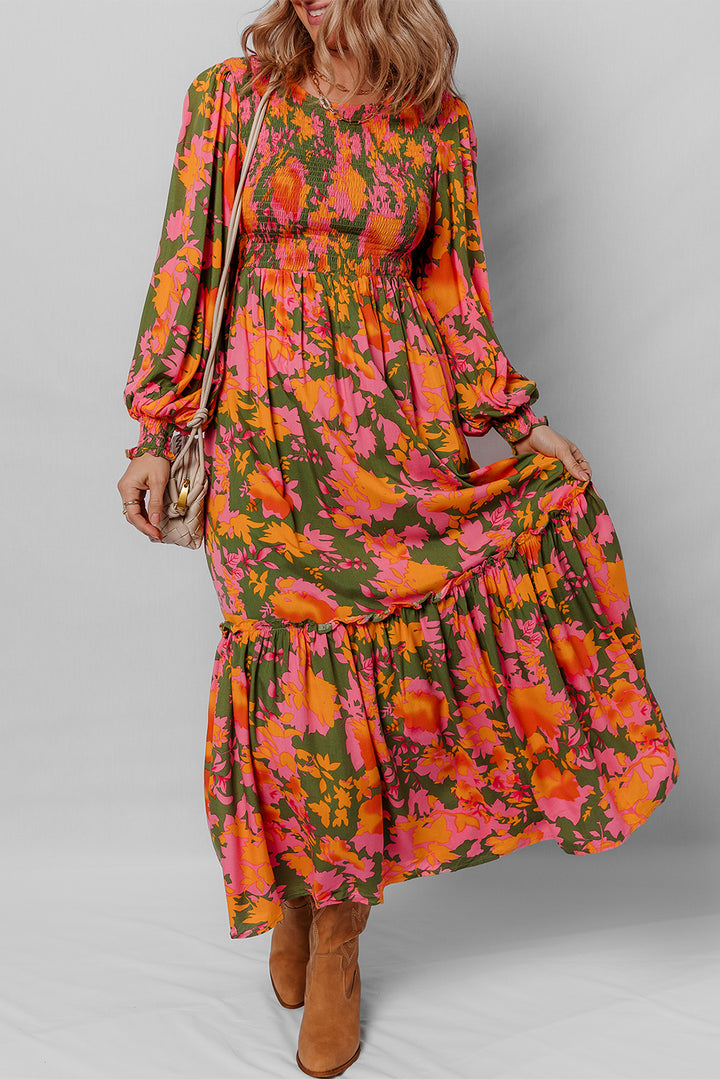 Floral Puff Sleeve Smocked Bodice Ruffled Long Dress