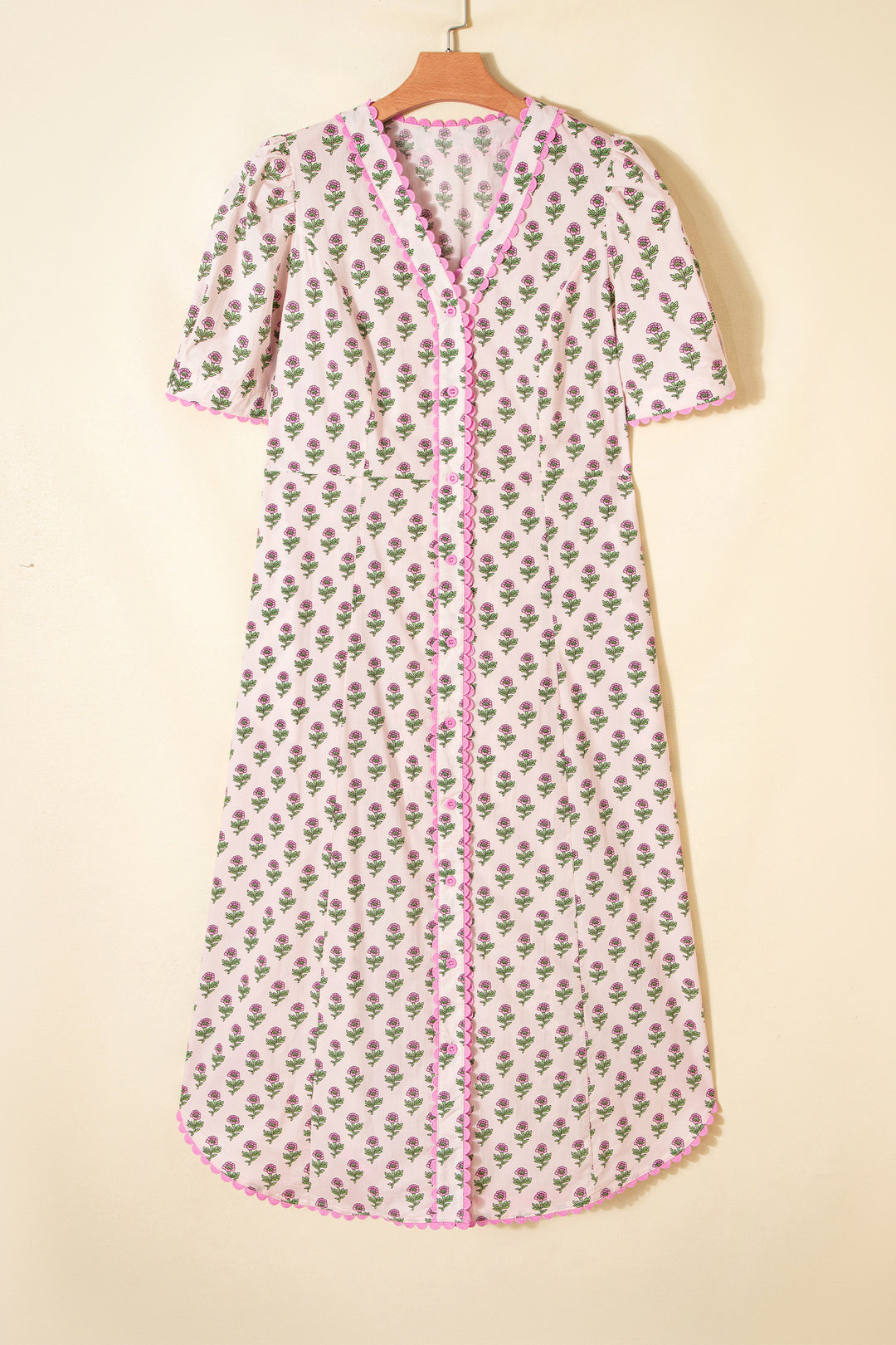 Pink Floral Print V Neck Short Sleeve Cotton Long Dress
