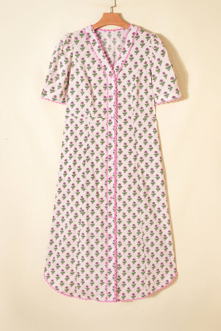 Pink Floral Print V Neck Short Sleeve Cotton Long Dress