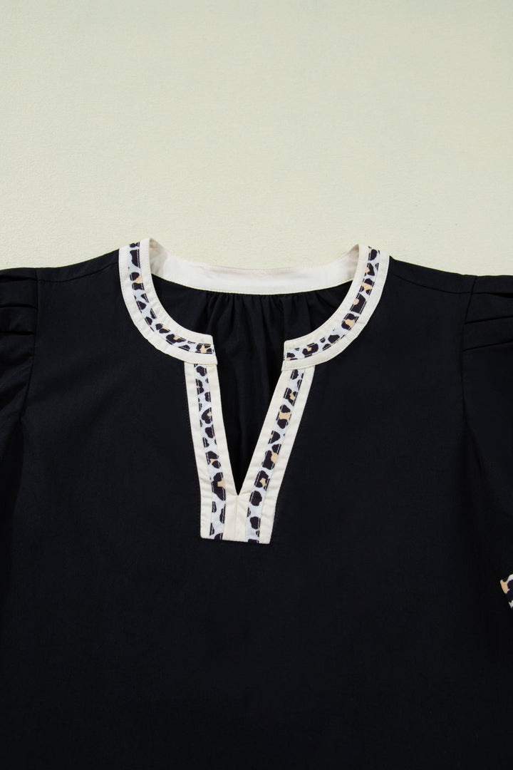 Black Leopard Trim Notched Neck Short Puff Sleeve Shift Mini Dress