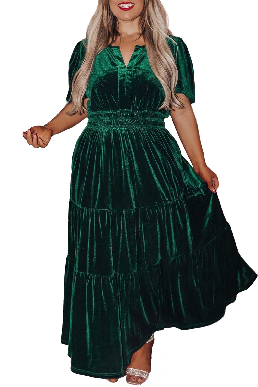Blackish Green Velvet Short Sleeve Shirred Waist Tiered Plus Size Maxi Dress