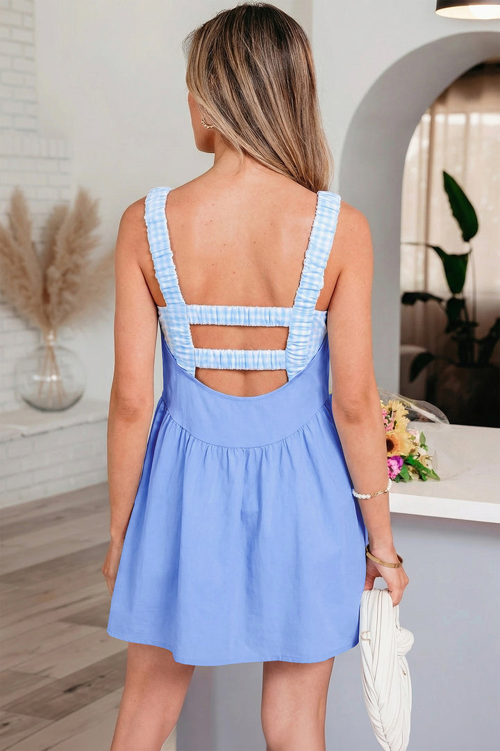 Beau Blue Faux Two Piece Gingham Contrast Patchwork Mini Dress