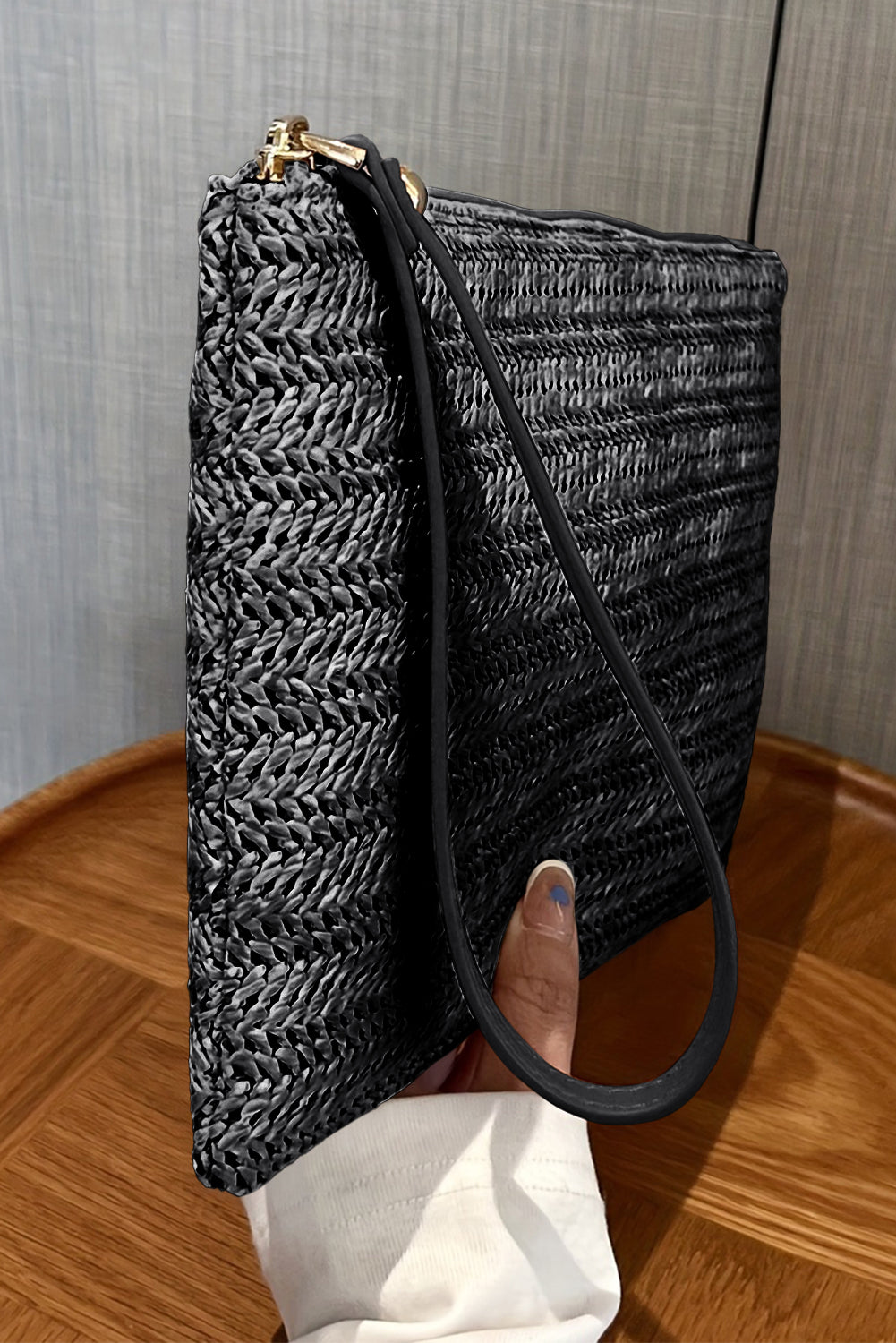 Straw Woven Wrist Strap Zipper Large Wallet