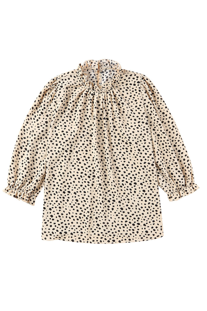 Frilled Neck 3/4 Sleeves Cheetah Blouse