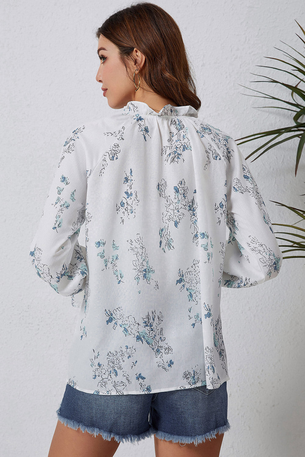 White Floral Tie Neck Long Sleeve Crinkle Blouse