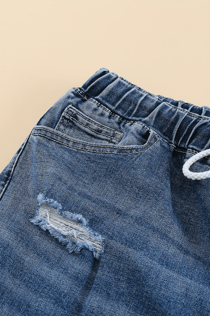 Dark Blue Elastic Waist Straight Leg Destroyed Raw Hem Jeans