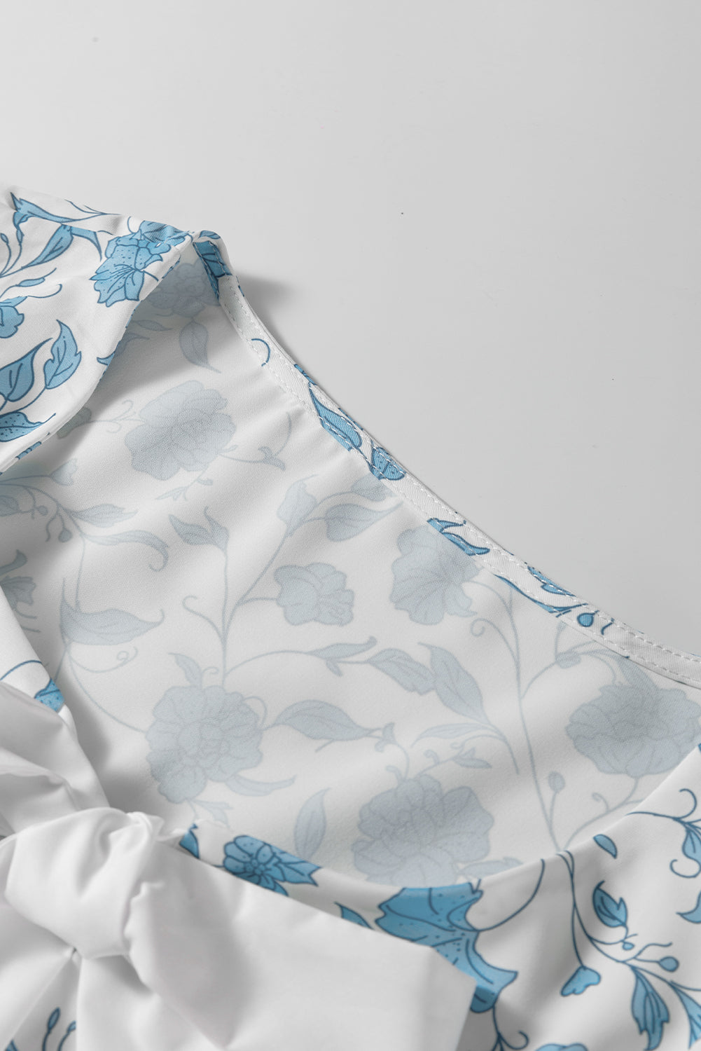 Cute Sky Blue Floral Contrast Bow Puff Sleeve Mini Dress