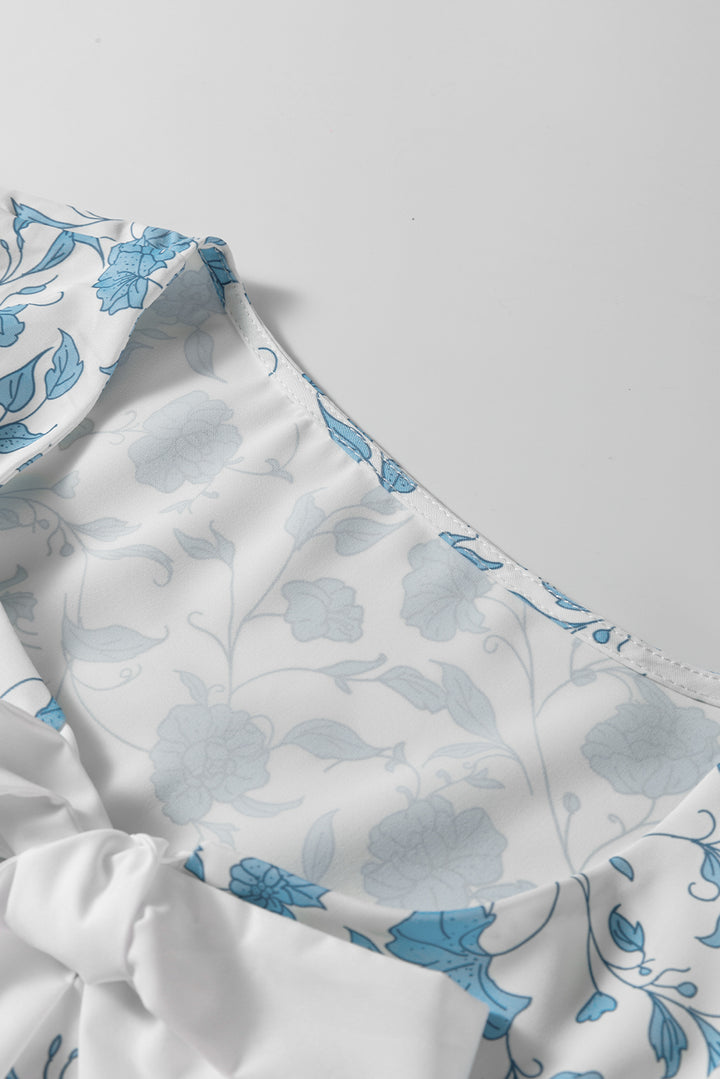 Cute Sky Blue Floral Contrast Bow Puff Sleeve Mini Dress