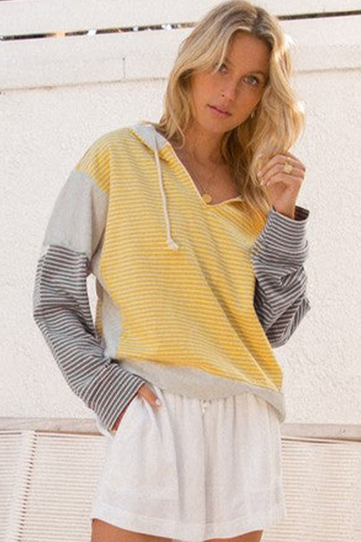 Color Block Drawstring V Neck Loose Fit Hooded Top