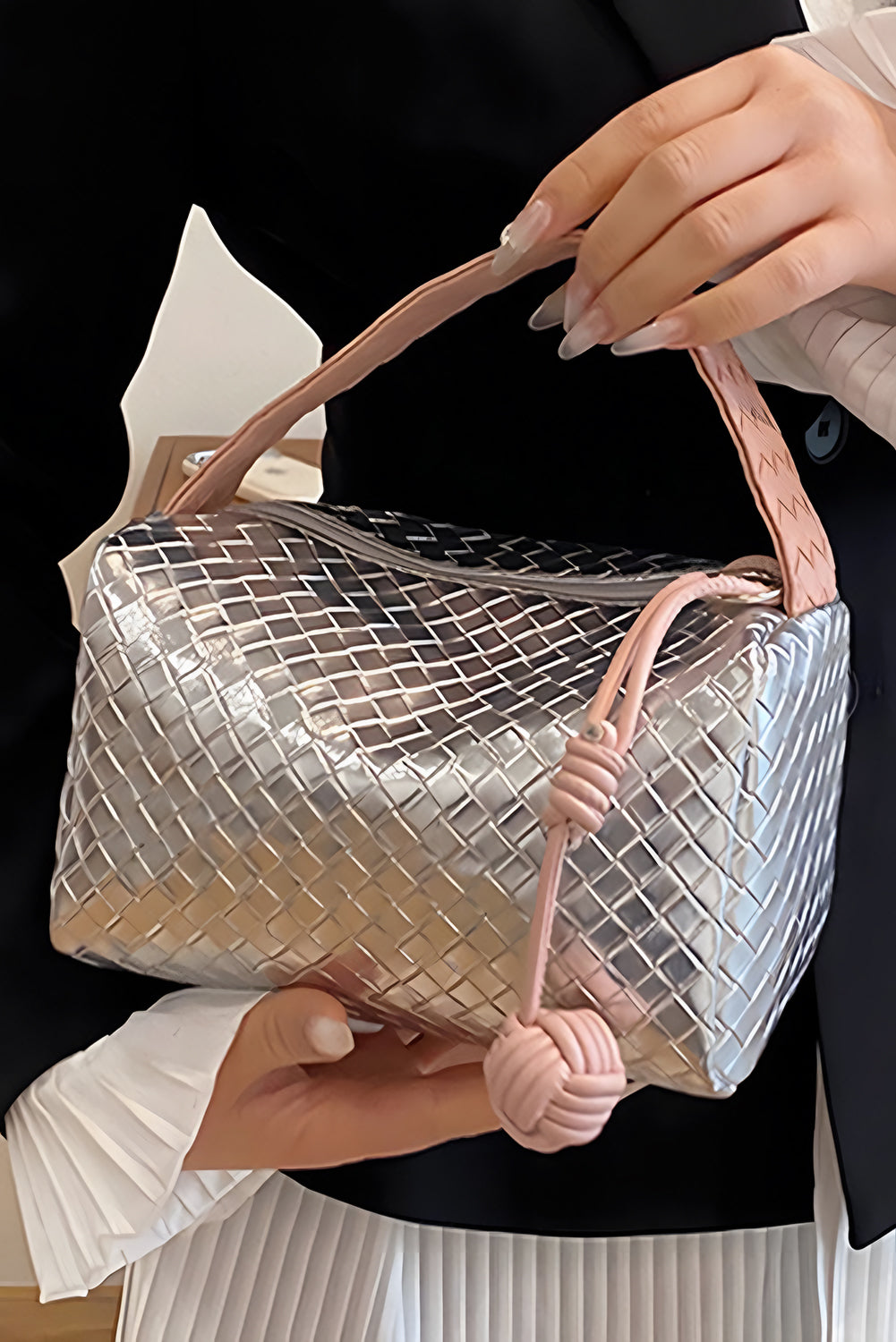 Lattice Texture Corded Ball Decor Weaven Handle Cosmetic Bag