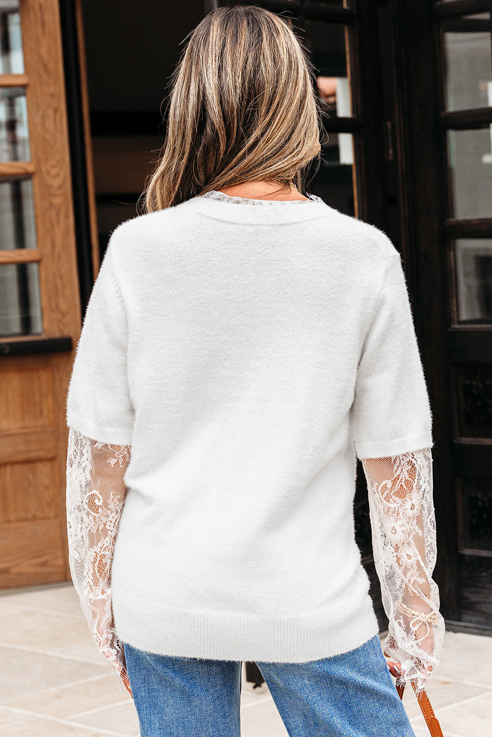 Lace Sleeve Patchwork Faux Two-piece Fuzzy Sweater