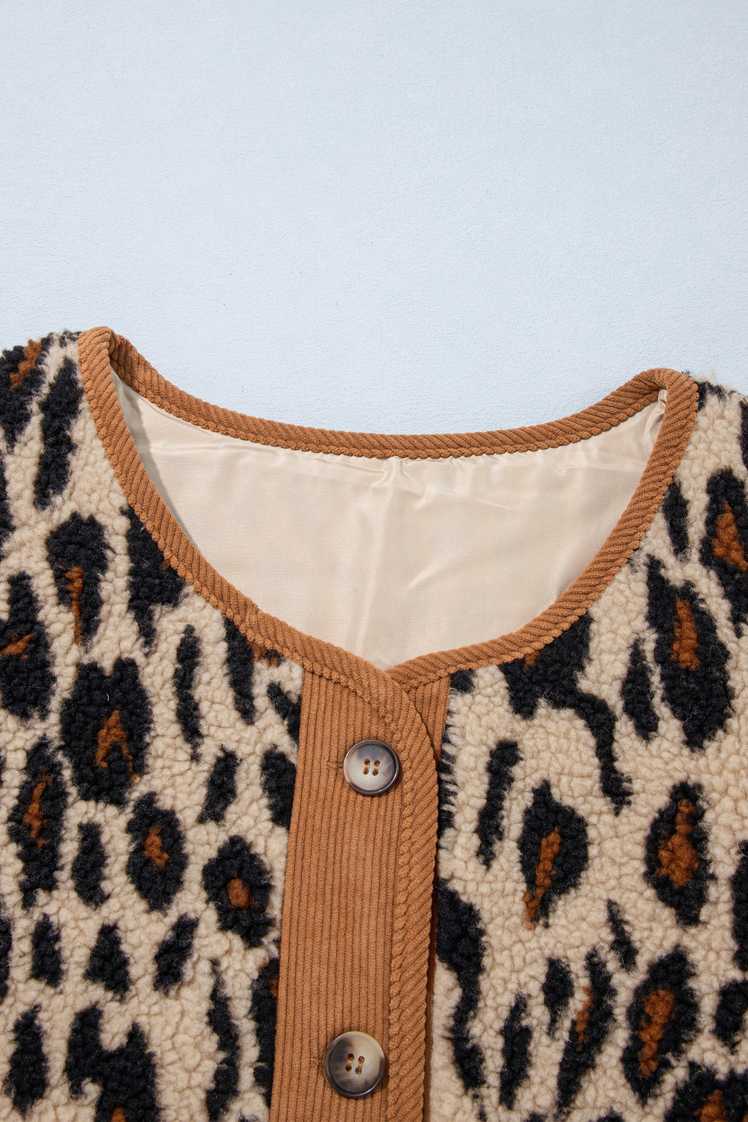 Khaki Leopard Plush Corduroy Trim Long Sleeve Jacket