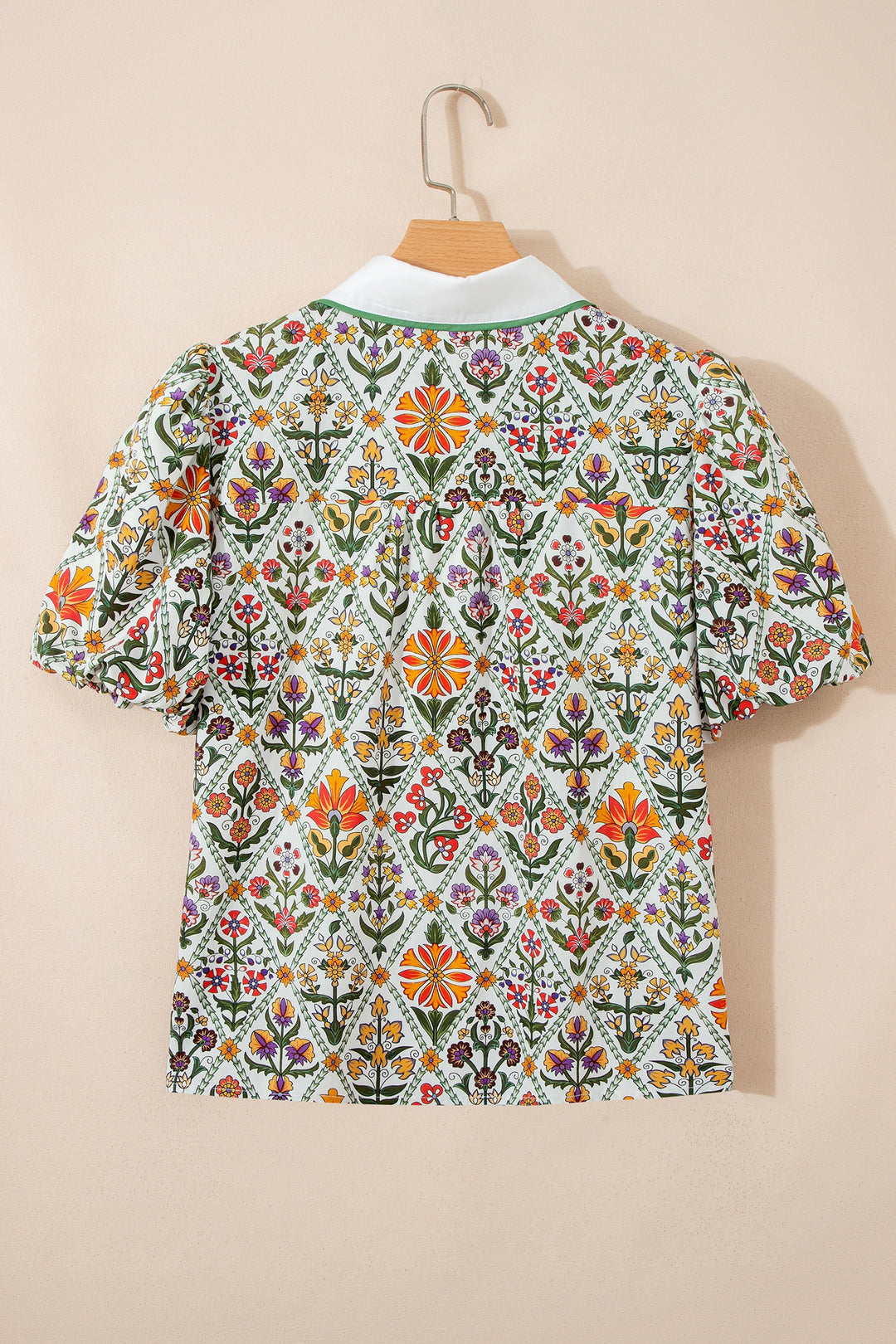 Green Short Bubble Sleeve Floral Shirt