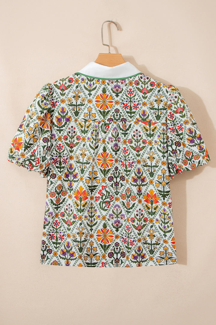 Green Short Bubble Sleeve Floral Shirt