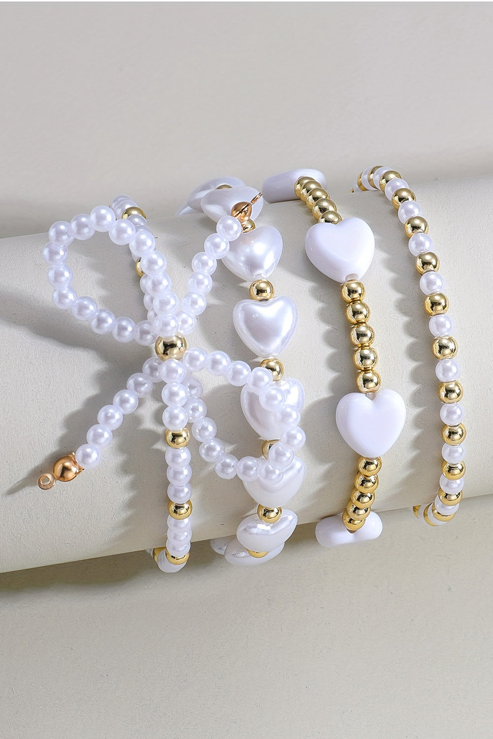 Bow Knot Heart Shape Faux Pearl Beaded Bracelet Set