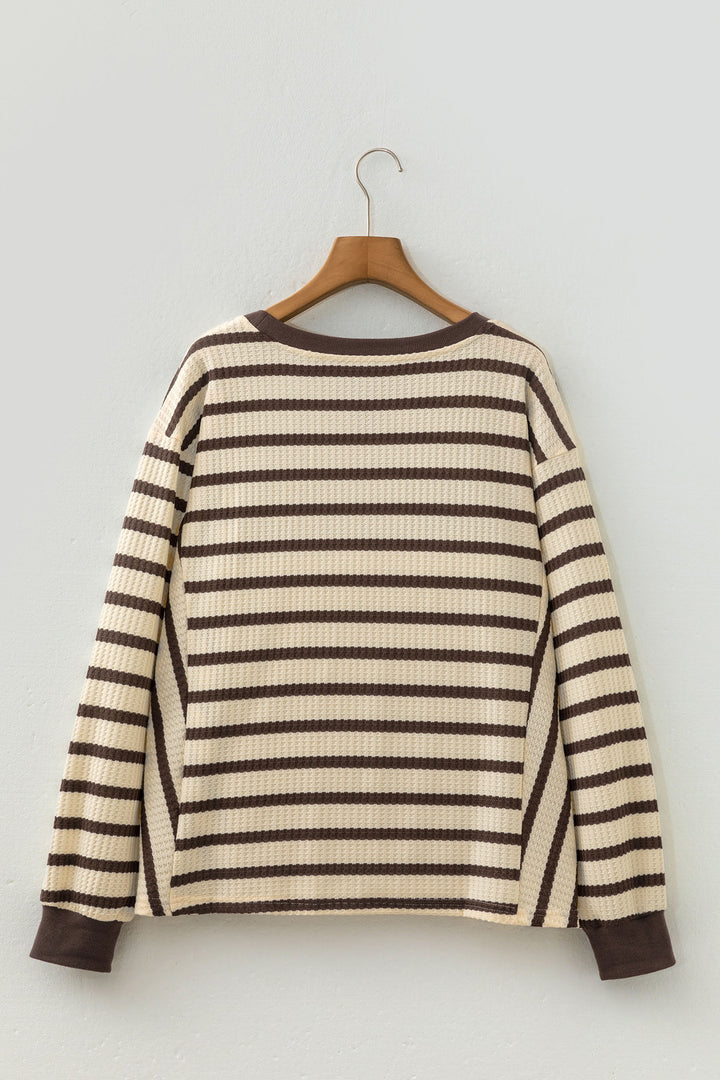 Brown Stripe Patchwork Ribbed Cuff Casual Pullover Sweatshirt