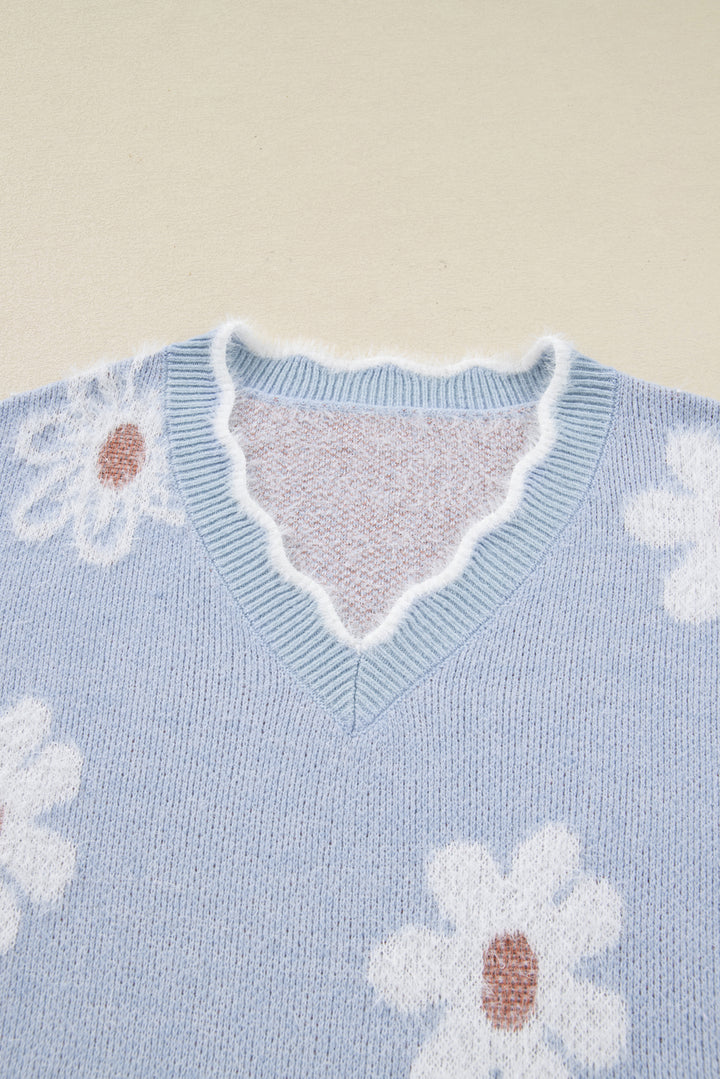 Gray Fuzzy Flower Scalloped V Neck Plus Sweater