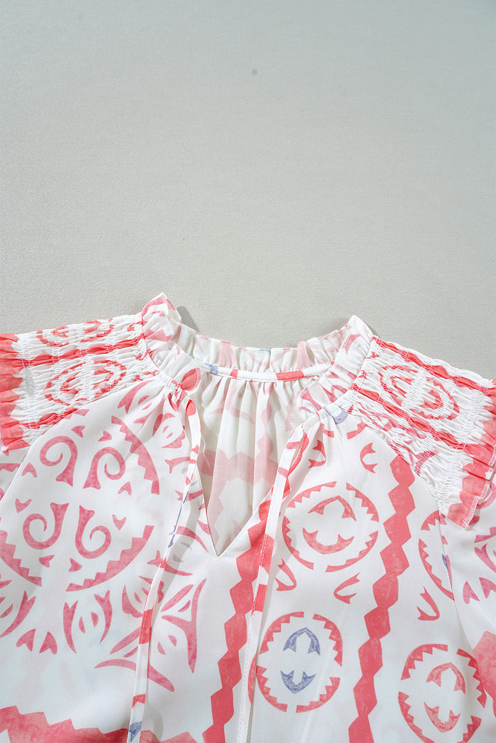 Desert Flower Vintage Print Smocked Poet Collar Billowy Blouson Sleeves Blouse