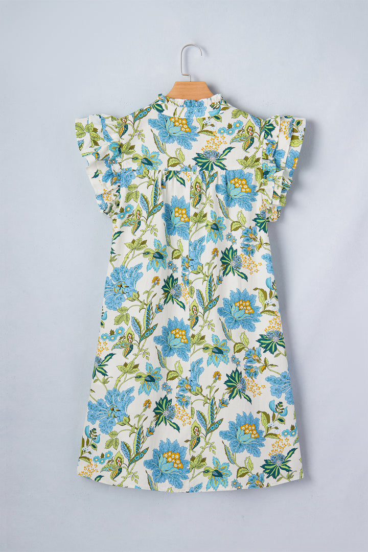 Floral Print V Neck Triple Ruffle Short Sleeve Shift Mini Dress