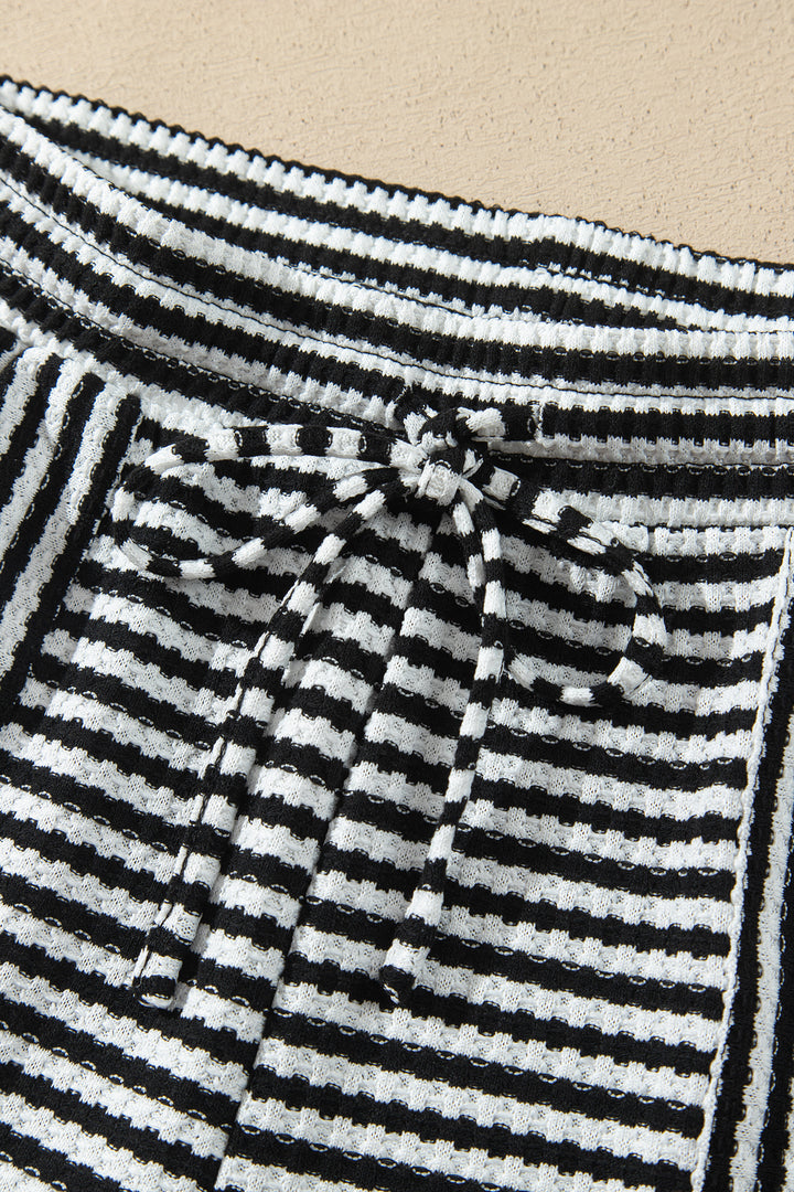 Black Stripe Textured Knit Long Sleeve Top Elastic Waist Shorts Casual Outfit