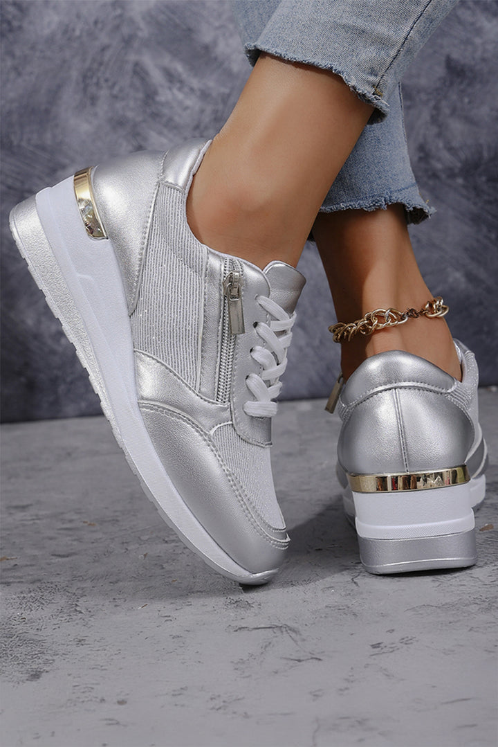 Schnür-Sneakers aus PU-Leder mit Patchwork-Reißverschluss