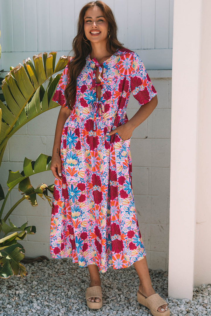 Floral Tied Front High Waist Short Sleeve Loose Long Dress