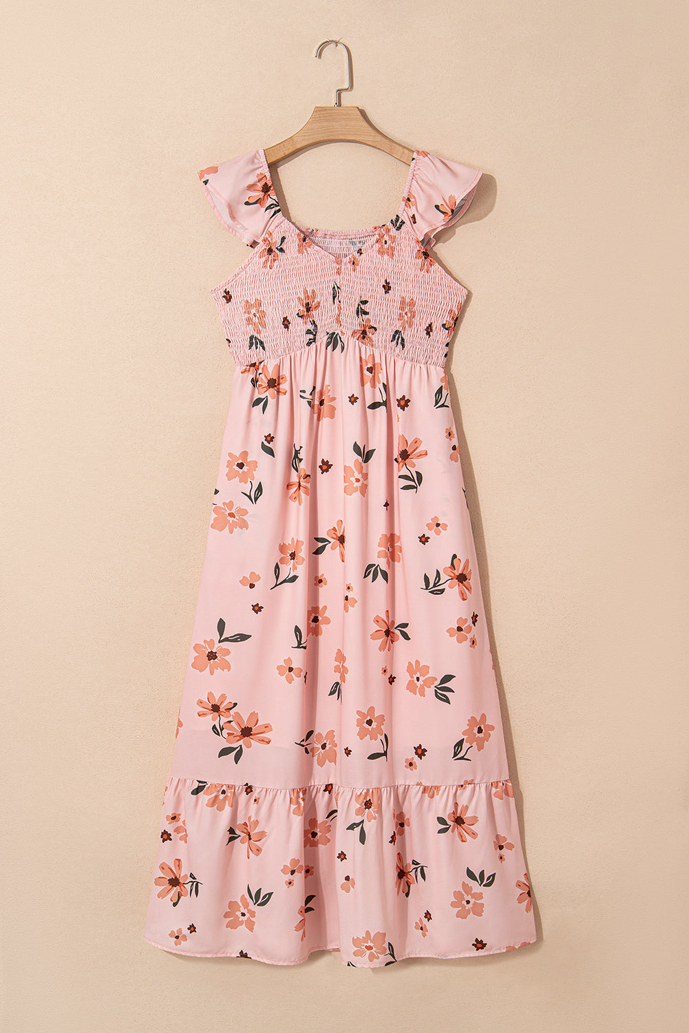 floral v neck smocked high waist ruffle hem long dress