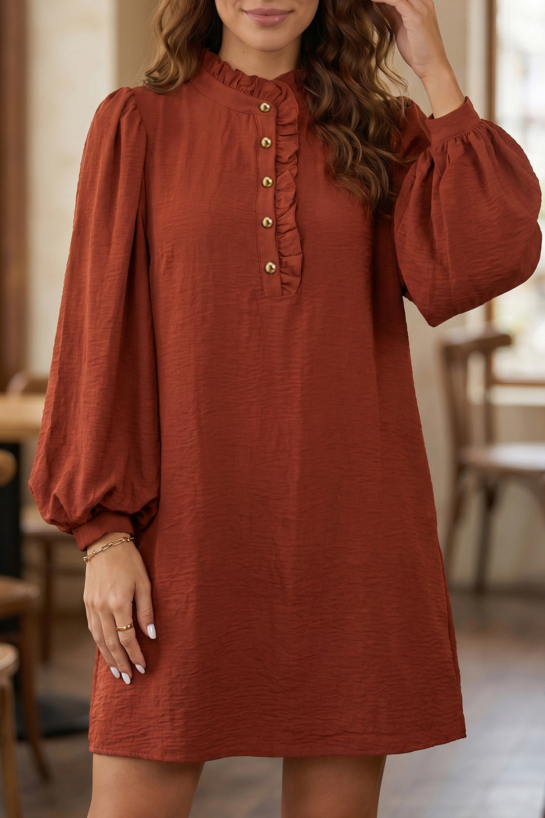 Coffee Solid Shift Long Sleeve Short Length One Piece Dress – ModeShe