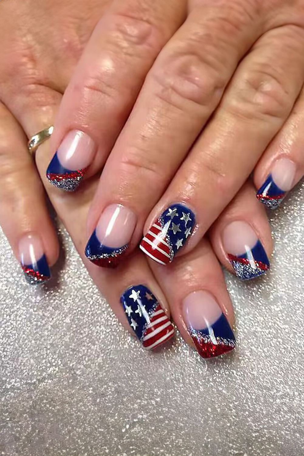 American Flag Shiny Square False Nails