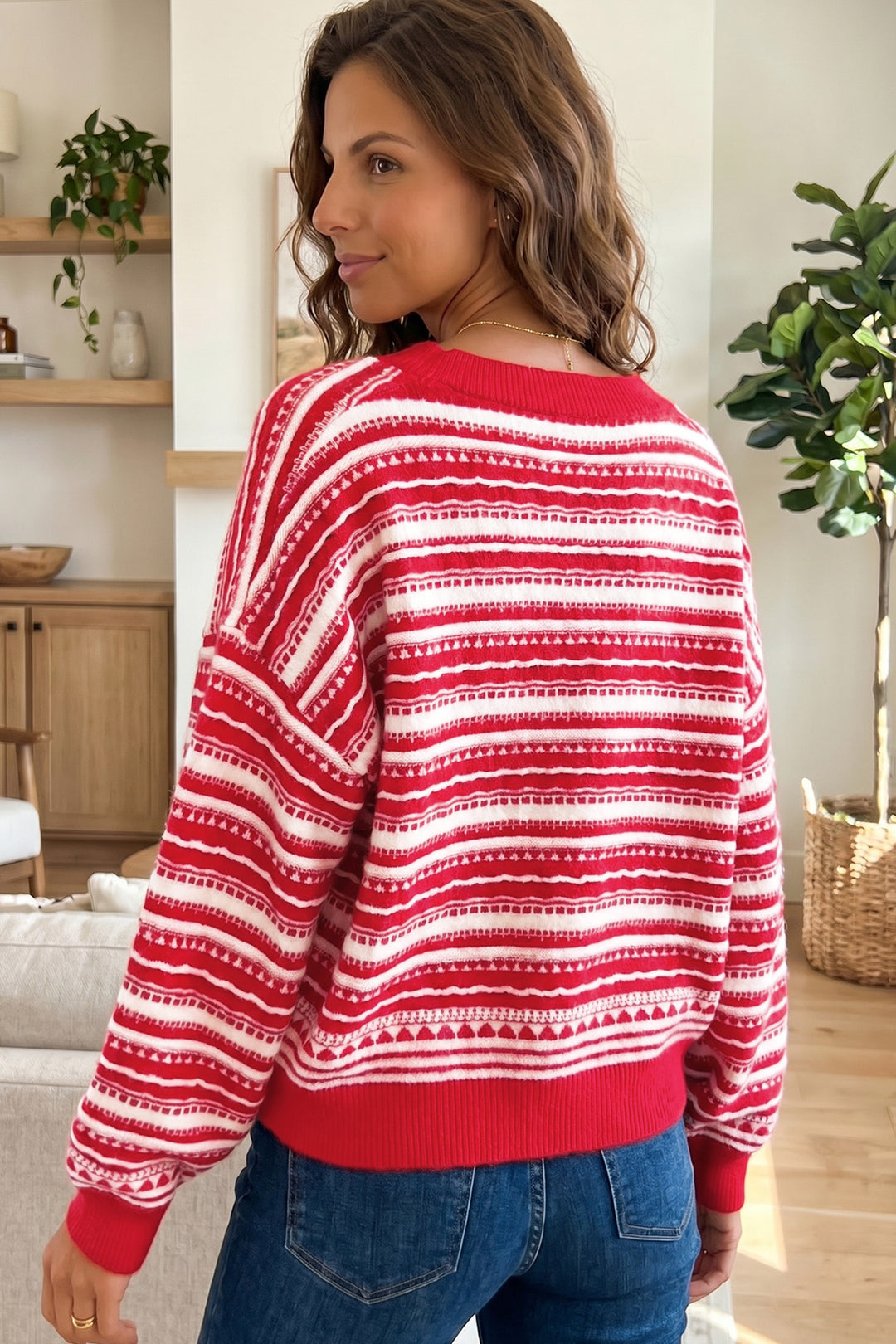 Red Geometric Striped Pattern Casual Knit Cardigan