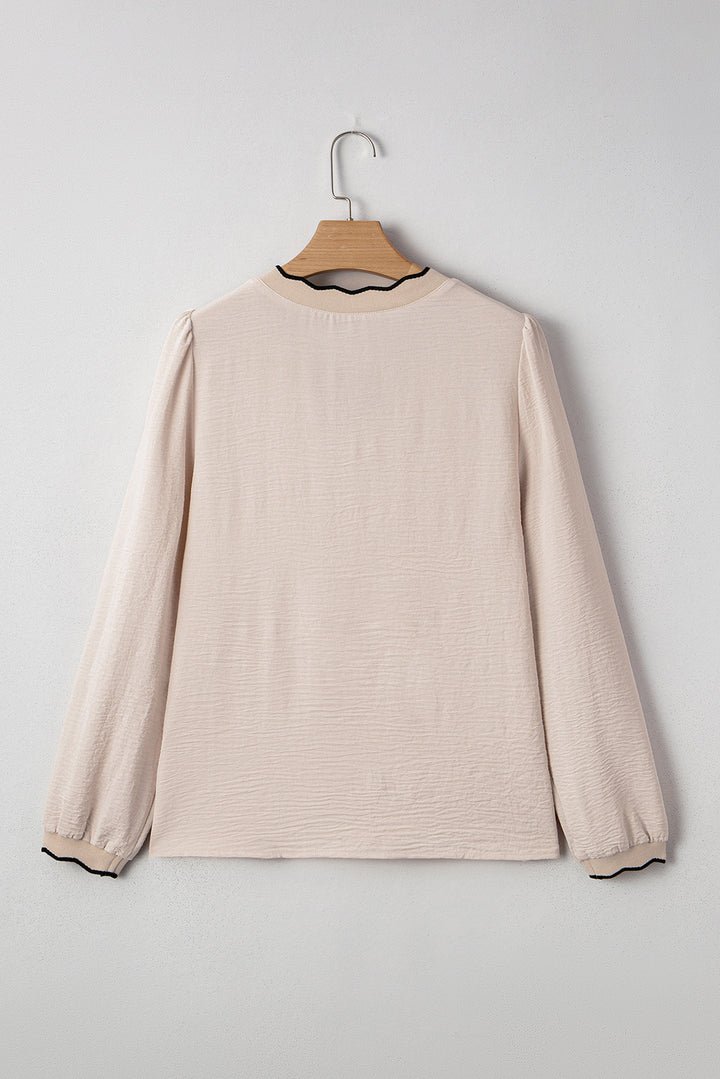 Jet Stream Contrast Scallop Trim V Neck Long Sleeve Blouse