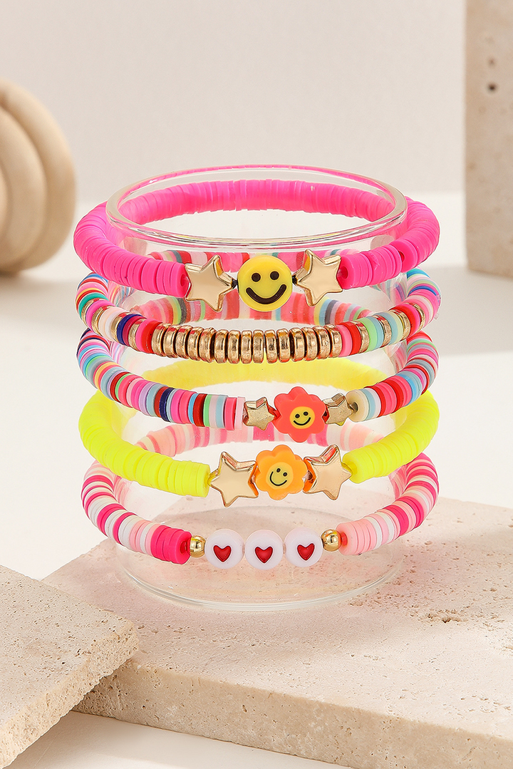 Smile Face Flower Beaded 5pcs Bracelet Set (Color of Flower May Vary)
