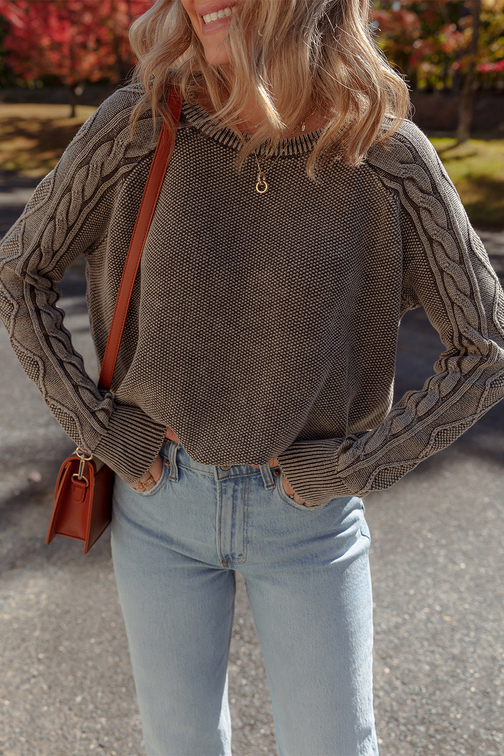 Contrast Cable Knit Sleeve Casual Sweater