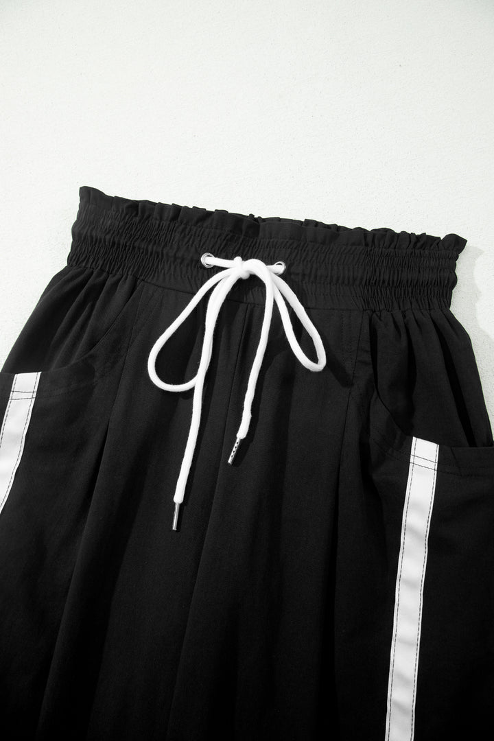 Black Contrast Striped Smocked Waist Drawstring Cropped Casual Pants