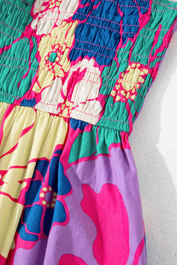 floral print shirred spaghetti strap loose maxi dress