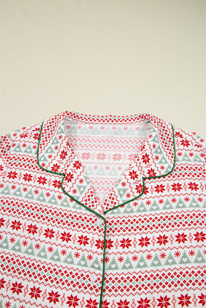 White Christmas Pattern Print Shirt Style Long 2pcs Pajama Set