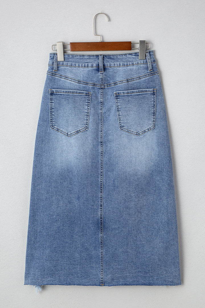 Dearlove Myosotis Irregular Distressed Bottom Denim Midi Skirt