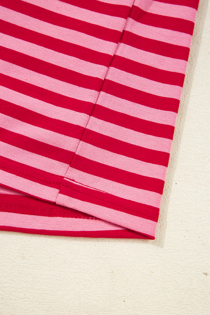 Strawberry Pink Mix Striped Drop Shoulder Patchwork Sleeve V Neck Pullover