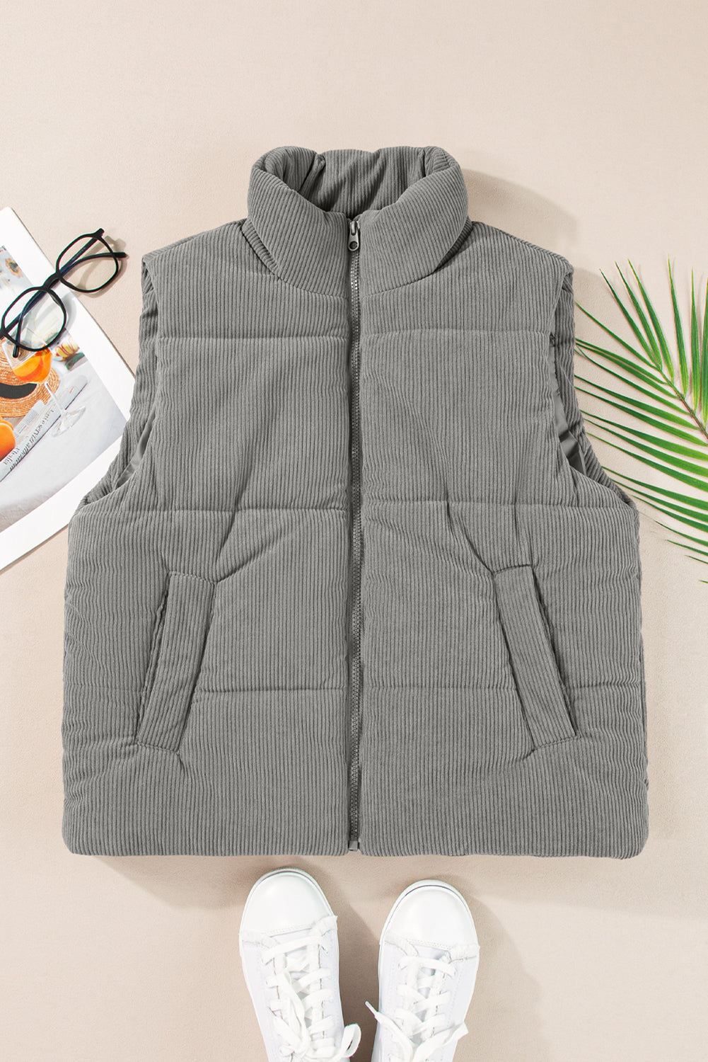 Gray Corduroy Stand Neck Zipped Puffer Vest