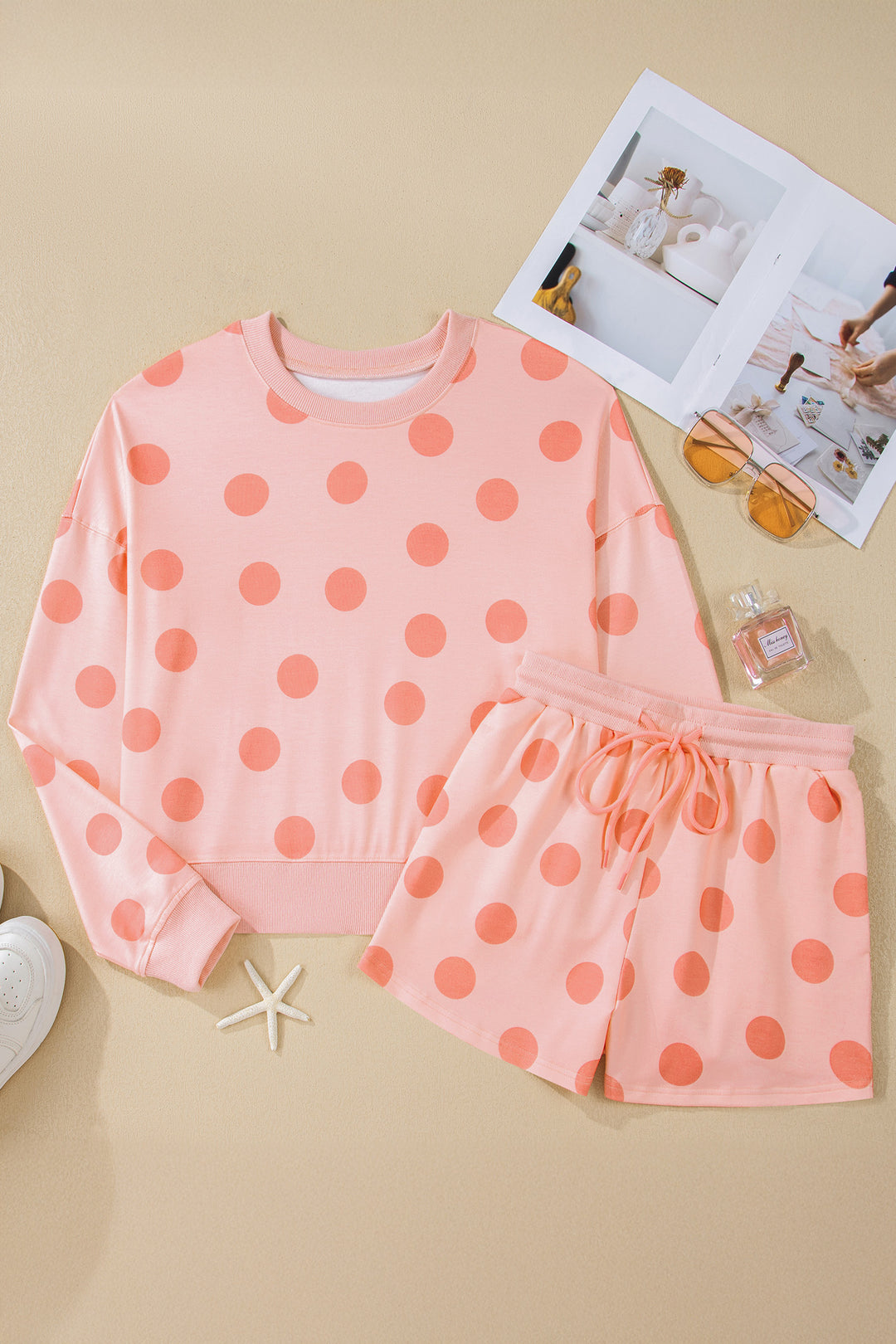 Pink Polka Dot Print Drop Shoulder Pullover Drawstring Shorts Set