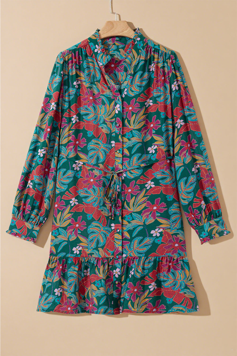 Floral Friled V Neck Puff Sleeve Ruffled Shirt Dress