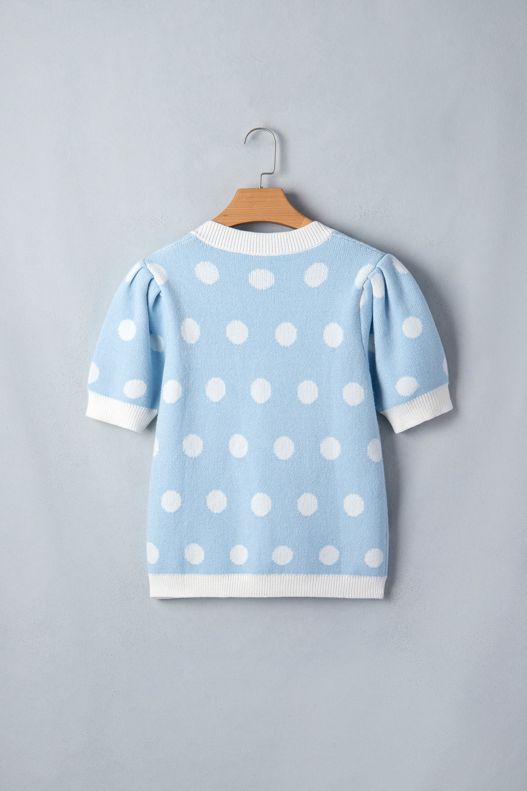 Light Blue Polka Dot Puff Short Sleeve Sweater Top