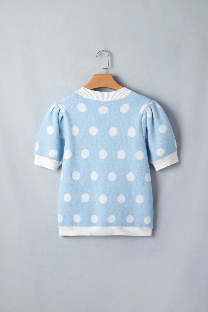 Light Blue Polka Dot Puff Short Sleeve Sweater Top