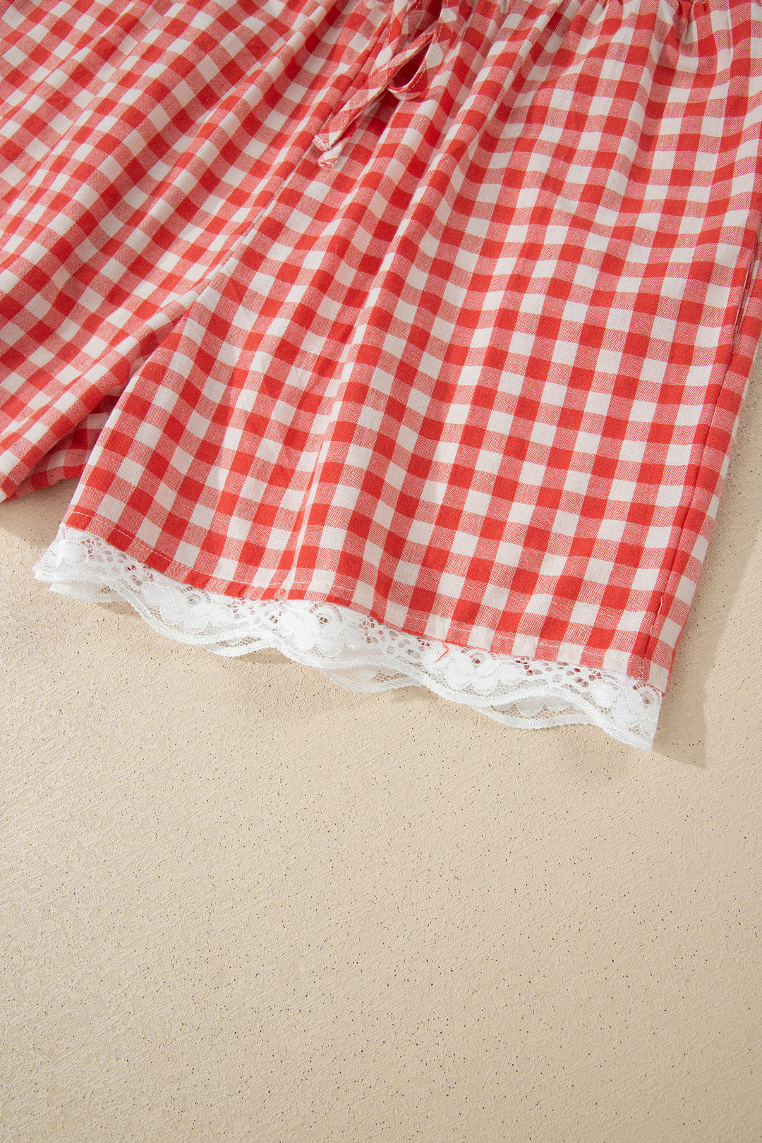 Red Gingham Plaid Tie Elastic Waist Lace Patchwork Hem Casual Shorts