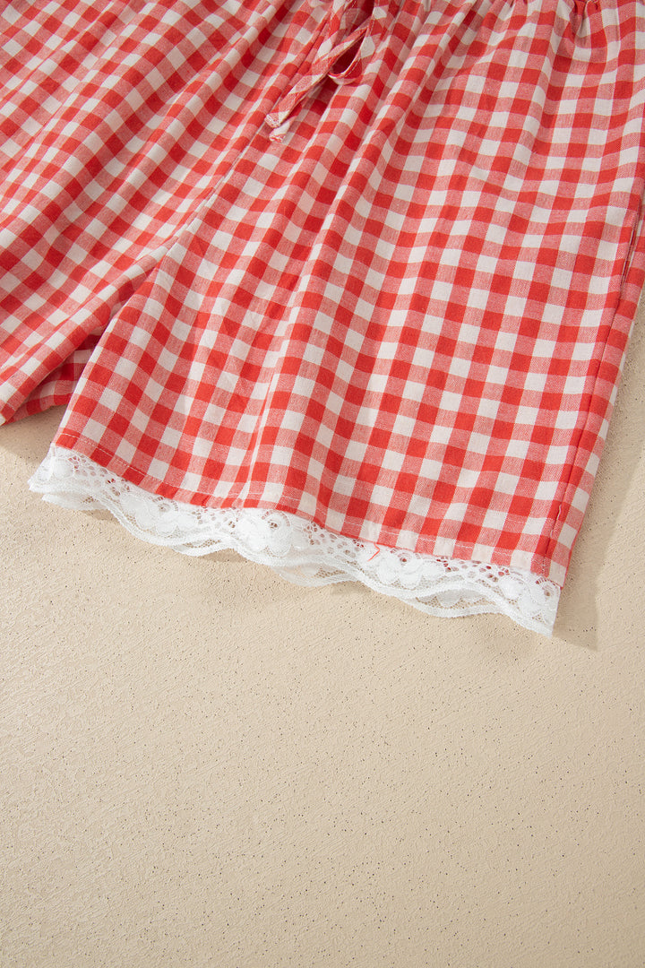 Red Gingham Plaid Tie Elastic Waist Lace Patchwork Hem Casual Shorts