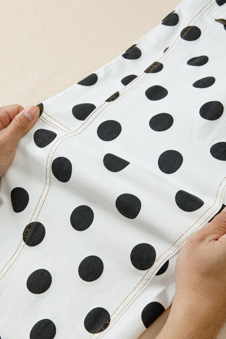 White Polka Dot Print Bow Detail Pocketed Barrel Jeans