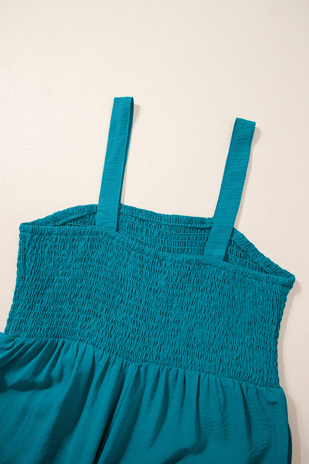 Peacock Blue Smocked Square Neck Sleeveless Jumpsuit with Pockets